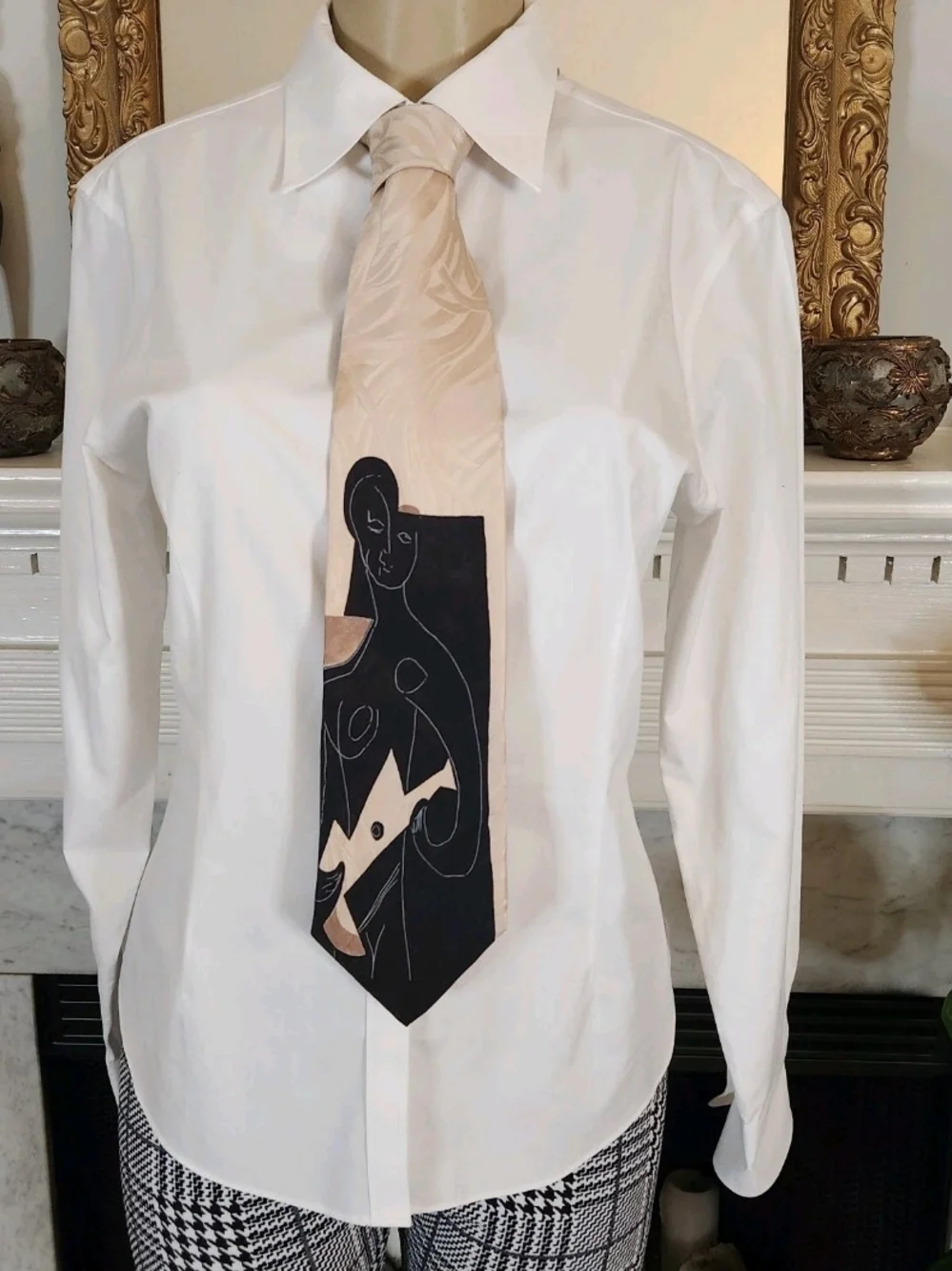 Vintage 90s Picasso Collection Silk Cream Black Tie Woman Playing Guitar Artsy